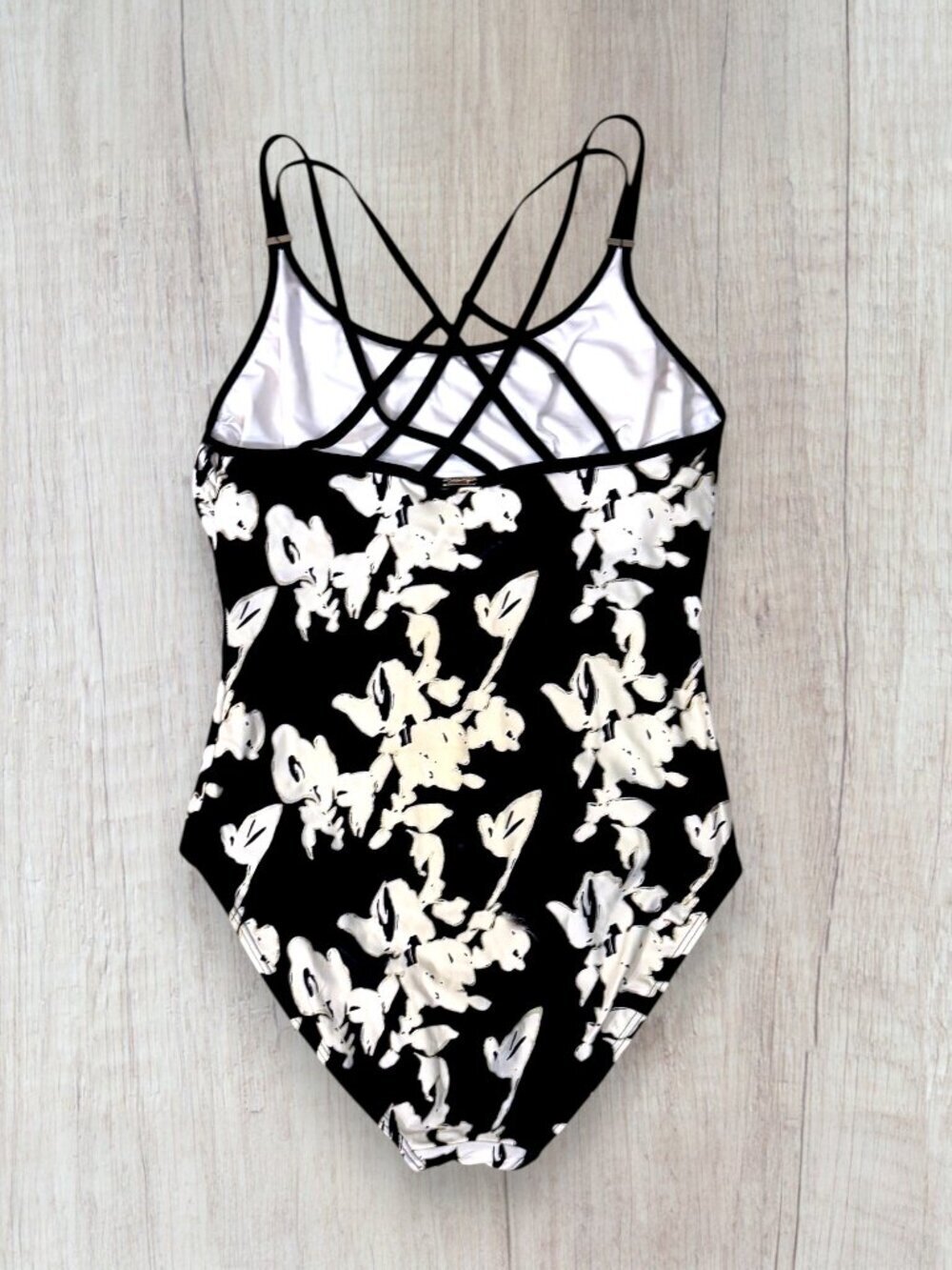 Calvin Klein Black White Floral Strappy Back One Piece Swimsuit Slimming 12